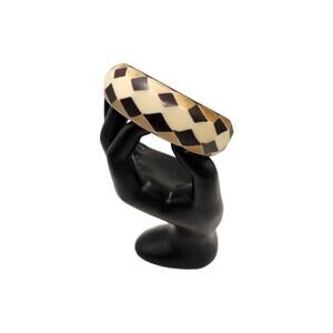 Vintage Bone/Horn Inlay Chunky Checkerboard Bangle Bracelet, Black and White